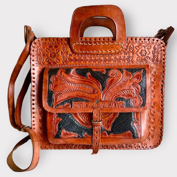 Vintage Handbags - Vintage Hand Tooled Leather Crossbody Satchel Bag Black and Brown